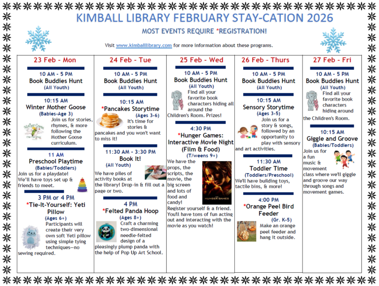February Library Fun February Stay-cation 2026 - KIMBALL LIBRARY